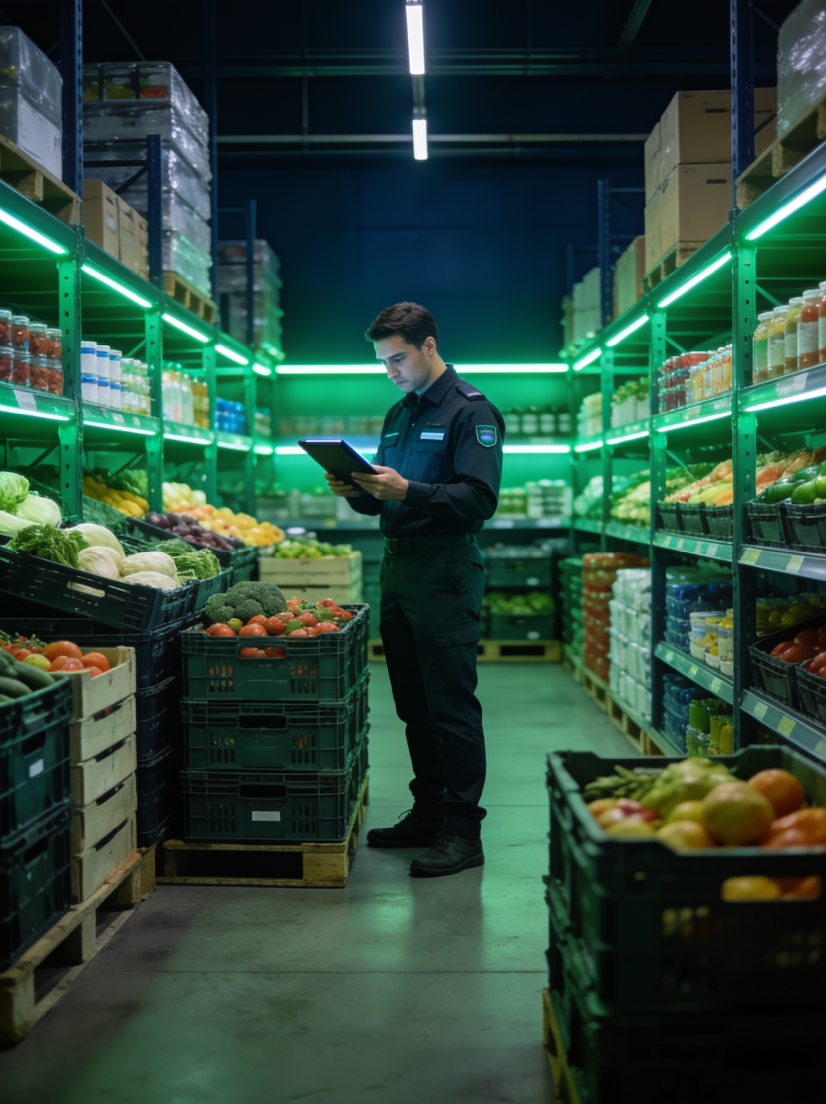 Encargado de bodega revisando inventario de insumos gastronómicos