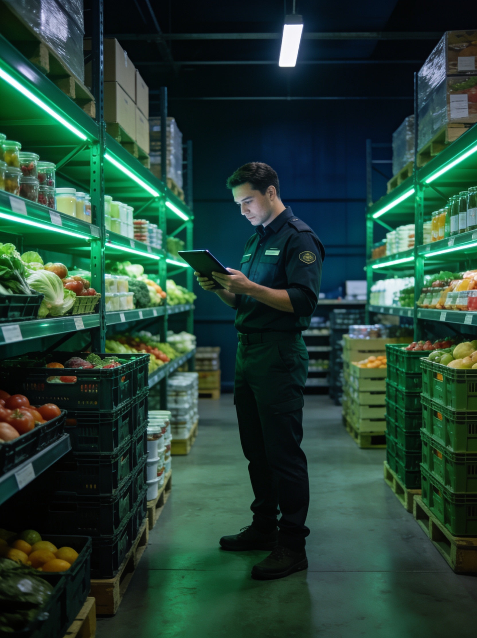 Bodega de distribución gastronómica moderna con gestor revisando inventario en tablet